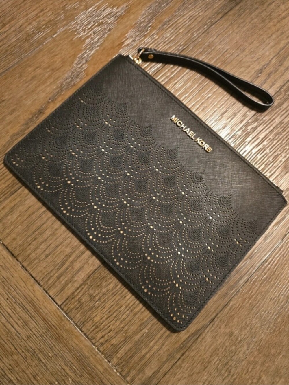 Michael Kors Black Wristlet Clutch with Gold Logo